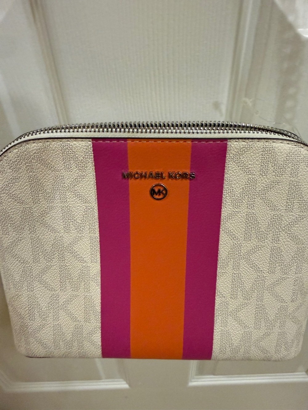 Michael Kors MK Logo Pink Orange Stripe Crossbody Bag